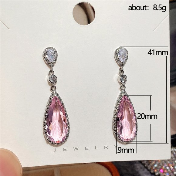 WATER DROP Pink CZ STONE PIERCED Dangle EARRINGS - Picture 6 of 6